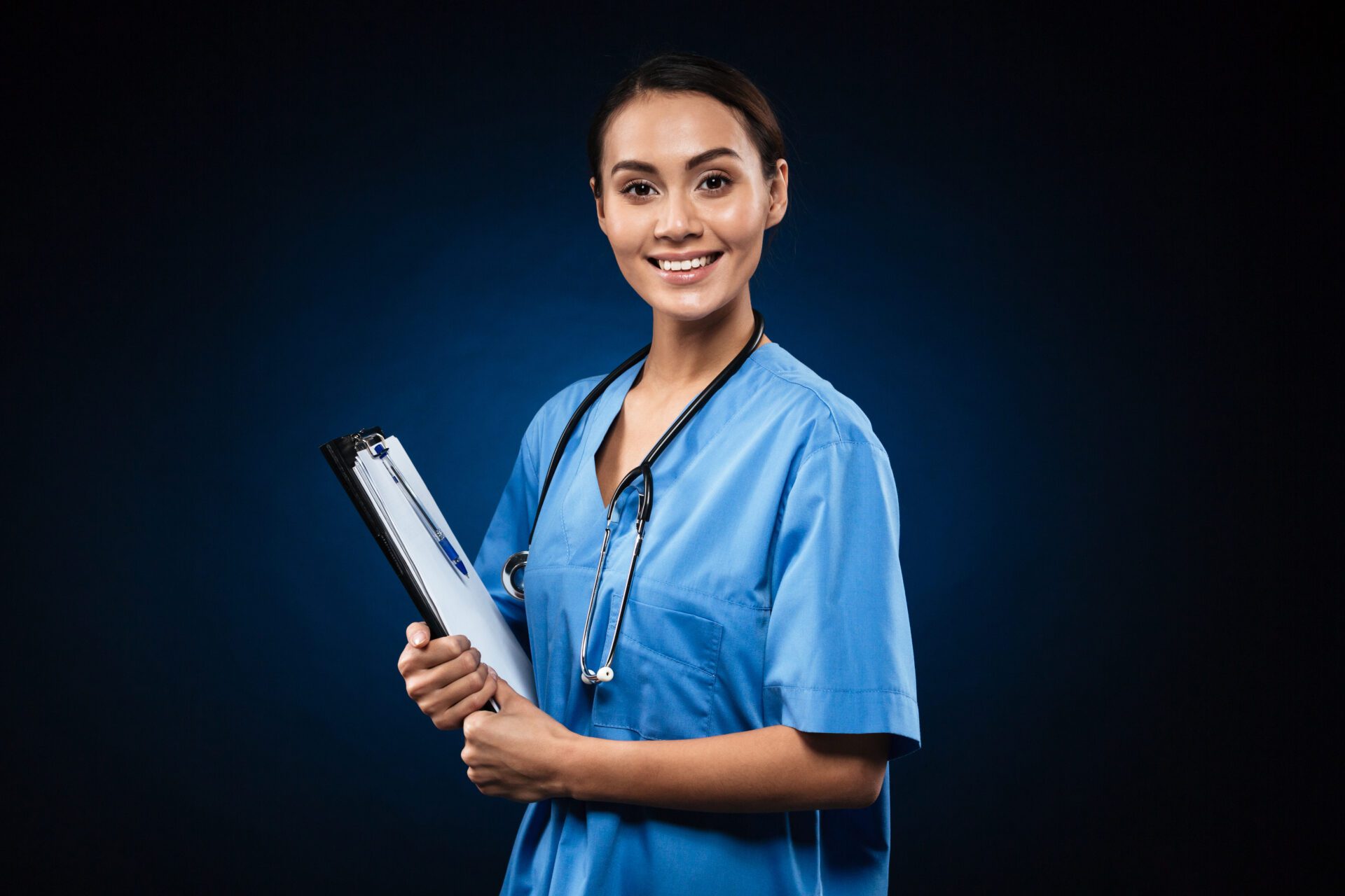 Happy lady wih folder looking camera isolated Happy lady wih folder looking camera isolated